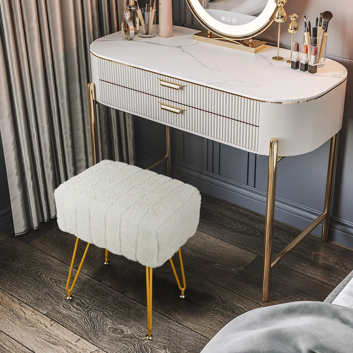 Square Faux Mink Upholstered Ottoman with Gold Legs H181019