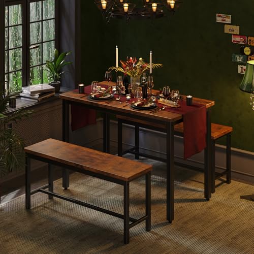 Grey 3-Piece Dining Table Set with 2 Benches E82755