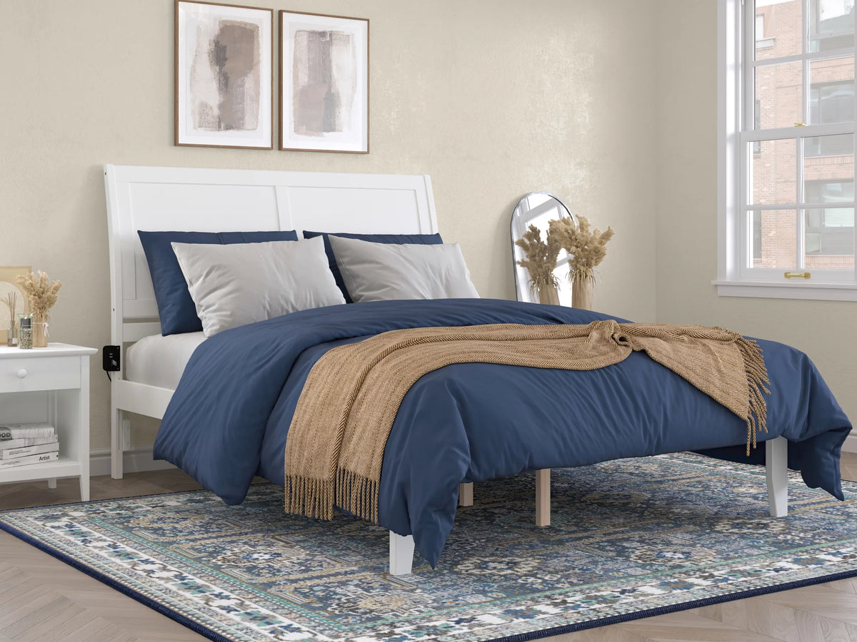 Queen Wood Platform Bed Frame with Sleigh Headboard, White Q361