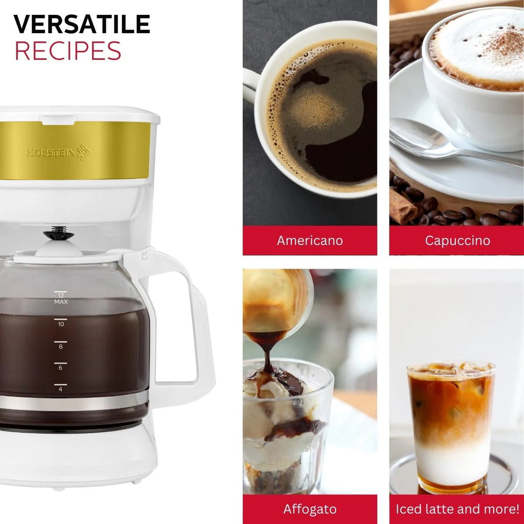 12-Cup Drip Coffee Maker with Permanent Filter, White and Gold F532