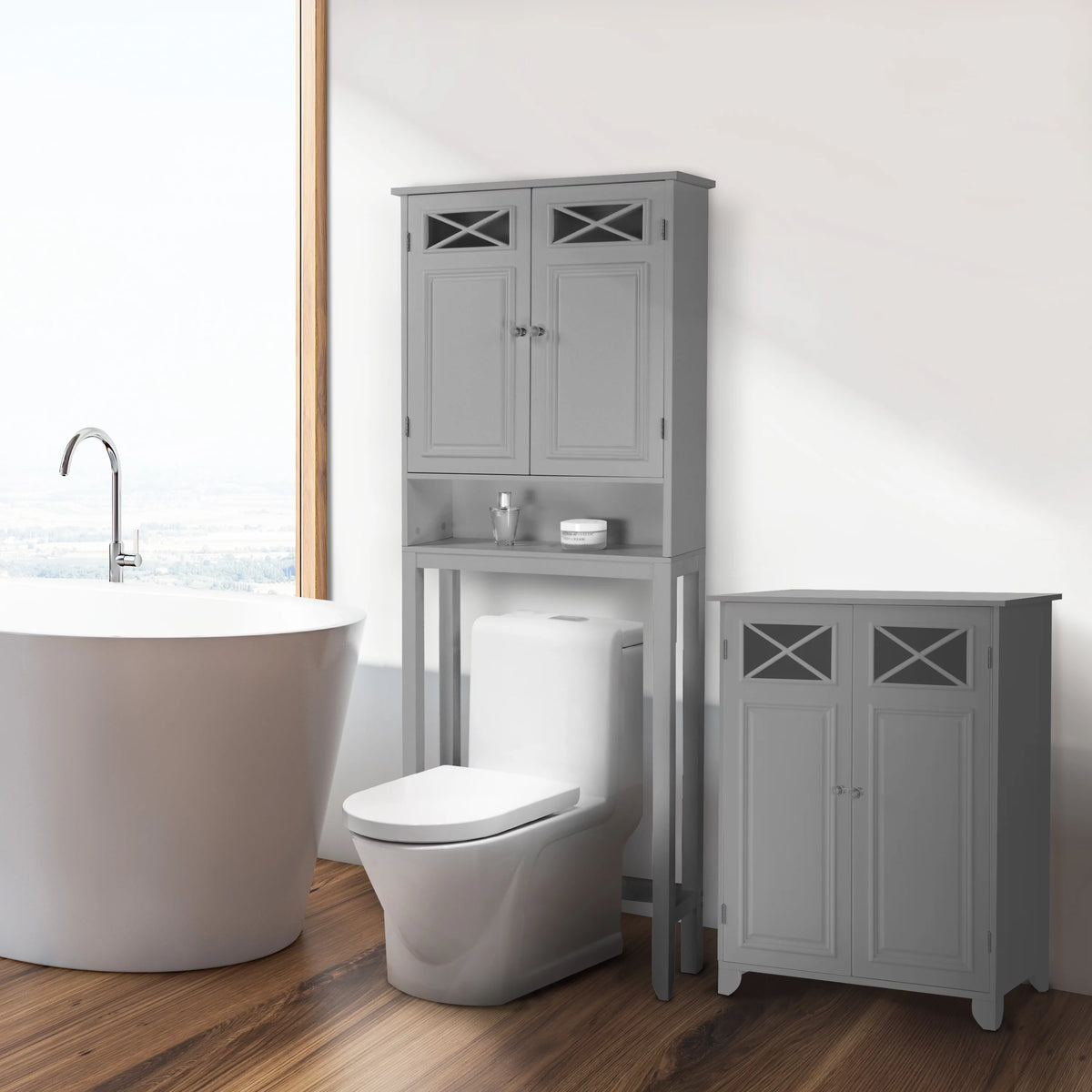 Gray Wooden Over-the-Toilet Storage Cabinet with 2 Doors C45876