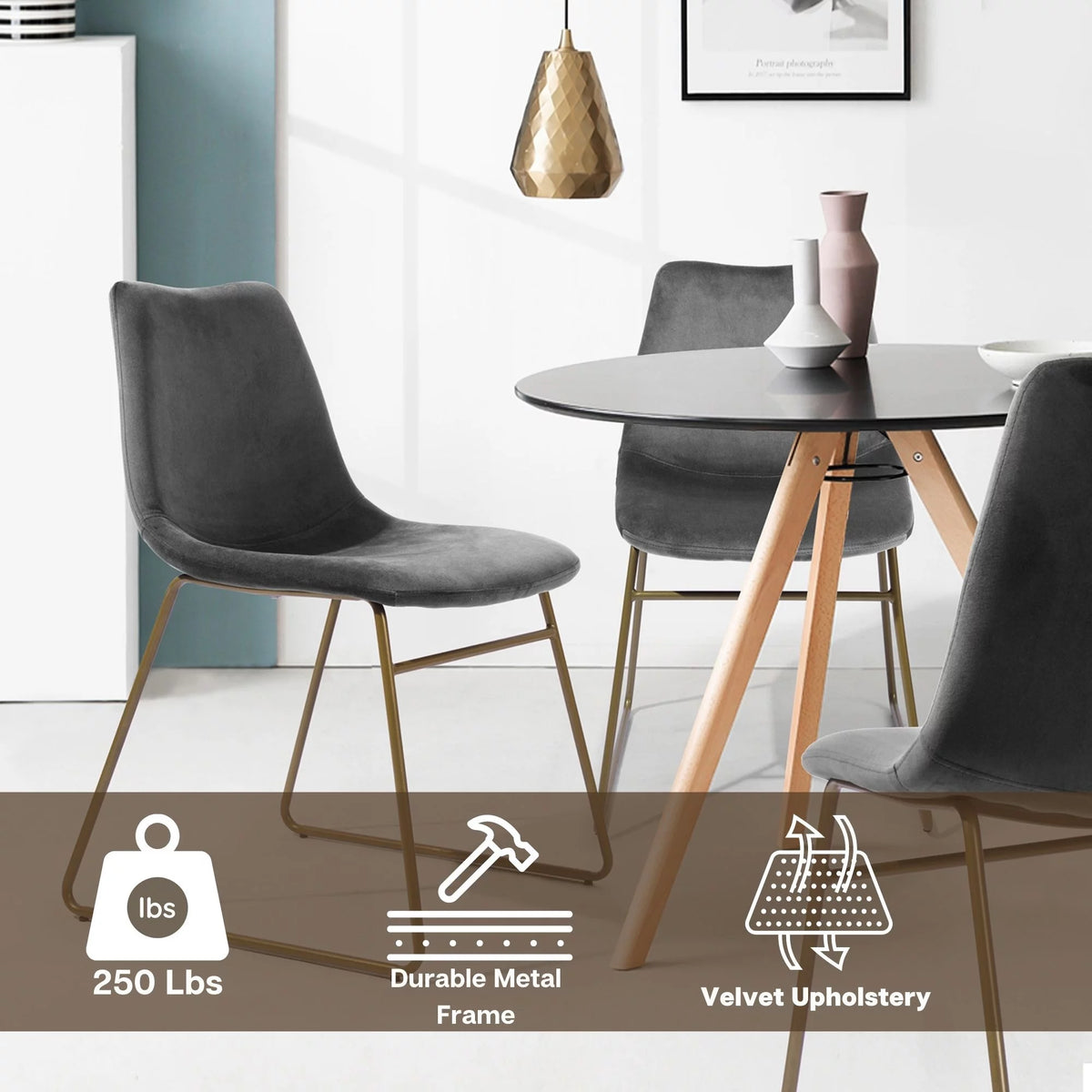 Velvet Dining Chairs Set of 2 with Metal Legs, Gray M541