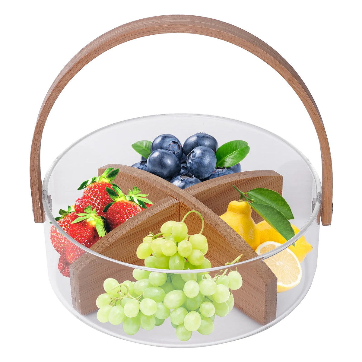 Clear Glass Fruit Serving Bowl with Wood Divider U70954