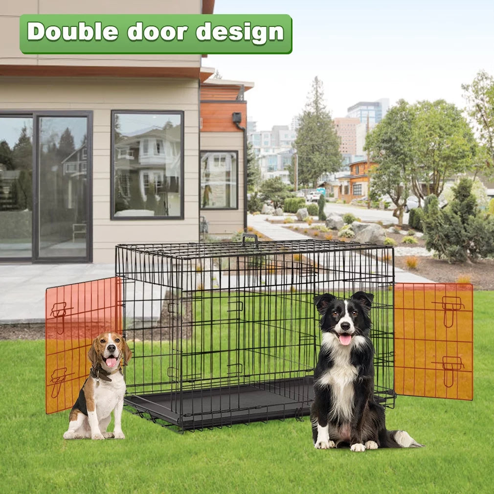 Double-Door Metal Dog Crate with Divider and Tray P50048