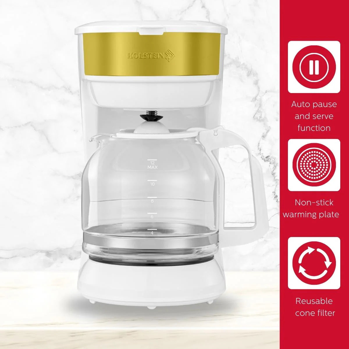 12-Cup Drip Coffee Maker with Permanent Filter, White and Gold F532