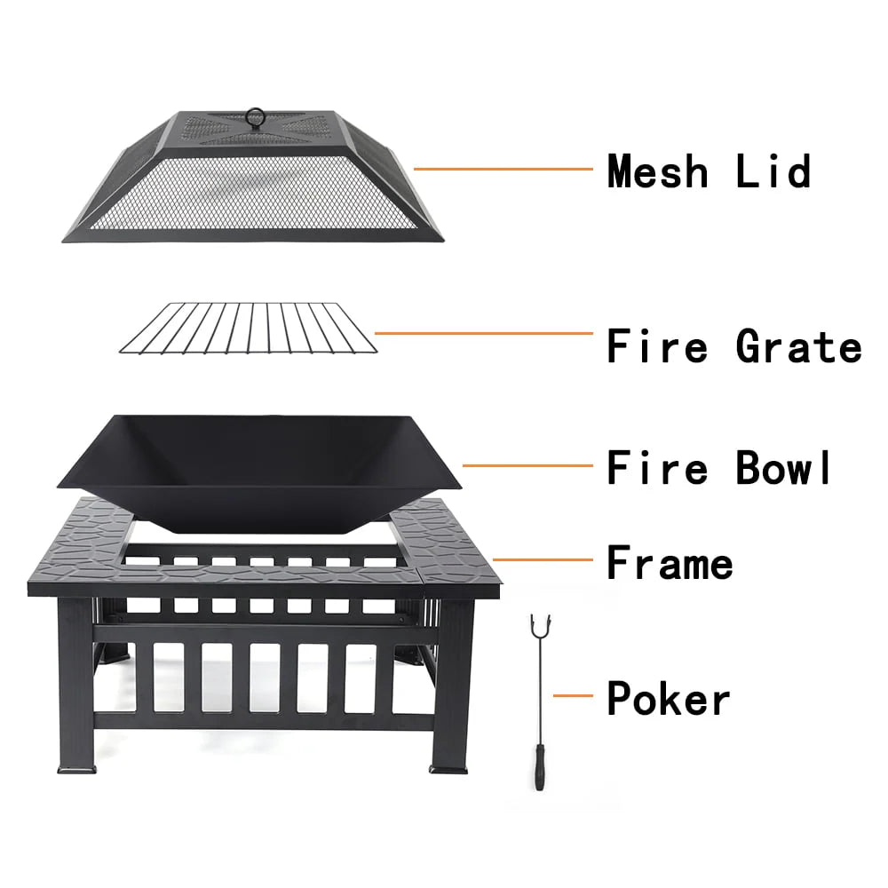 32 Square Metal Fire Pit Table with Spark Screen & Log Poker R774075