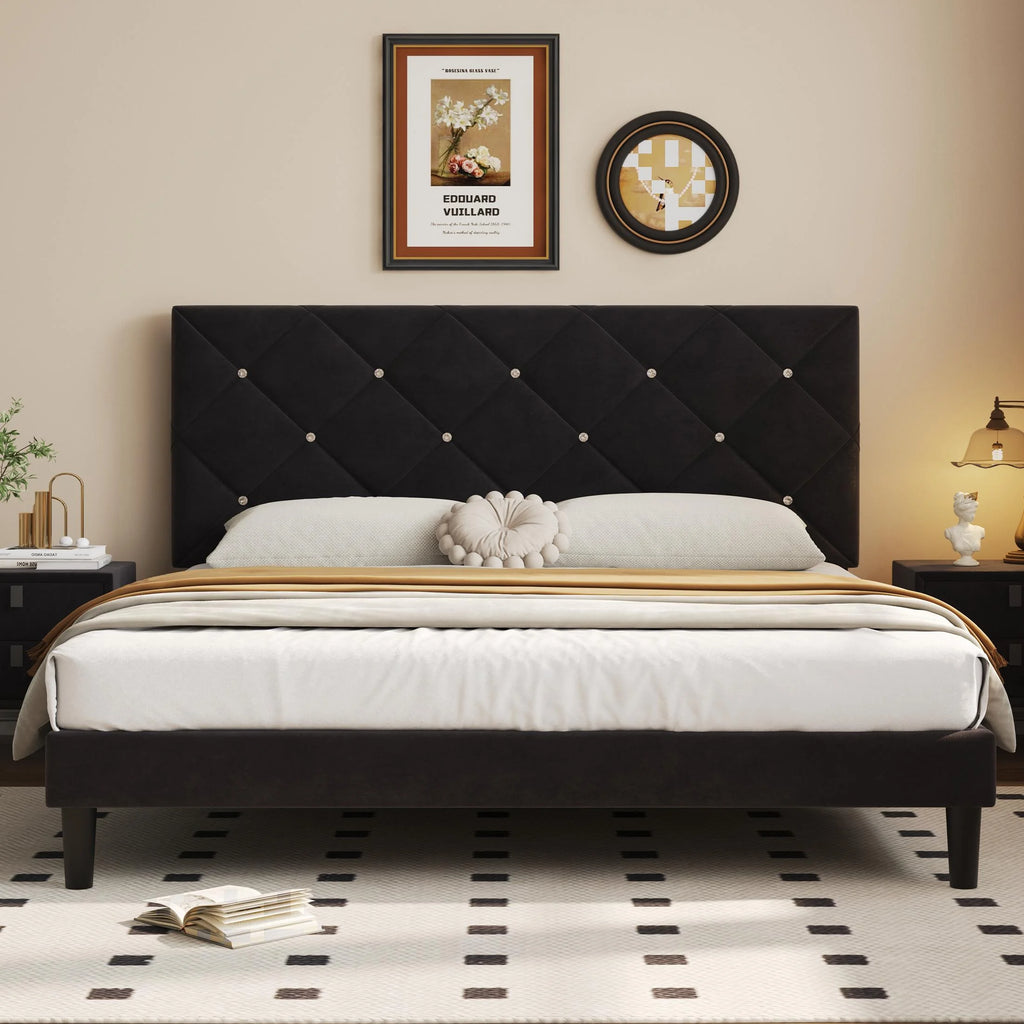 Black Queen Size Upholstered Platform Bed Frame with Headboard W41693