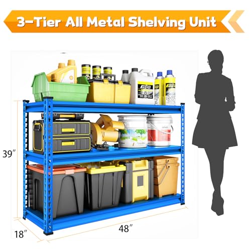 48" W Blue 3-Tier Metal Garage Shelving W145