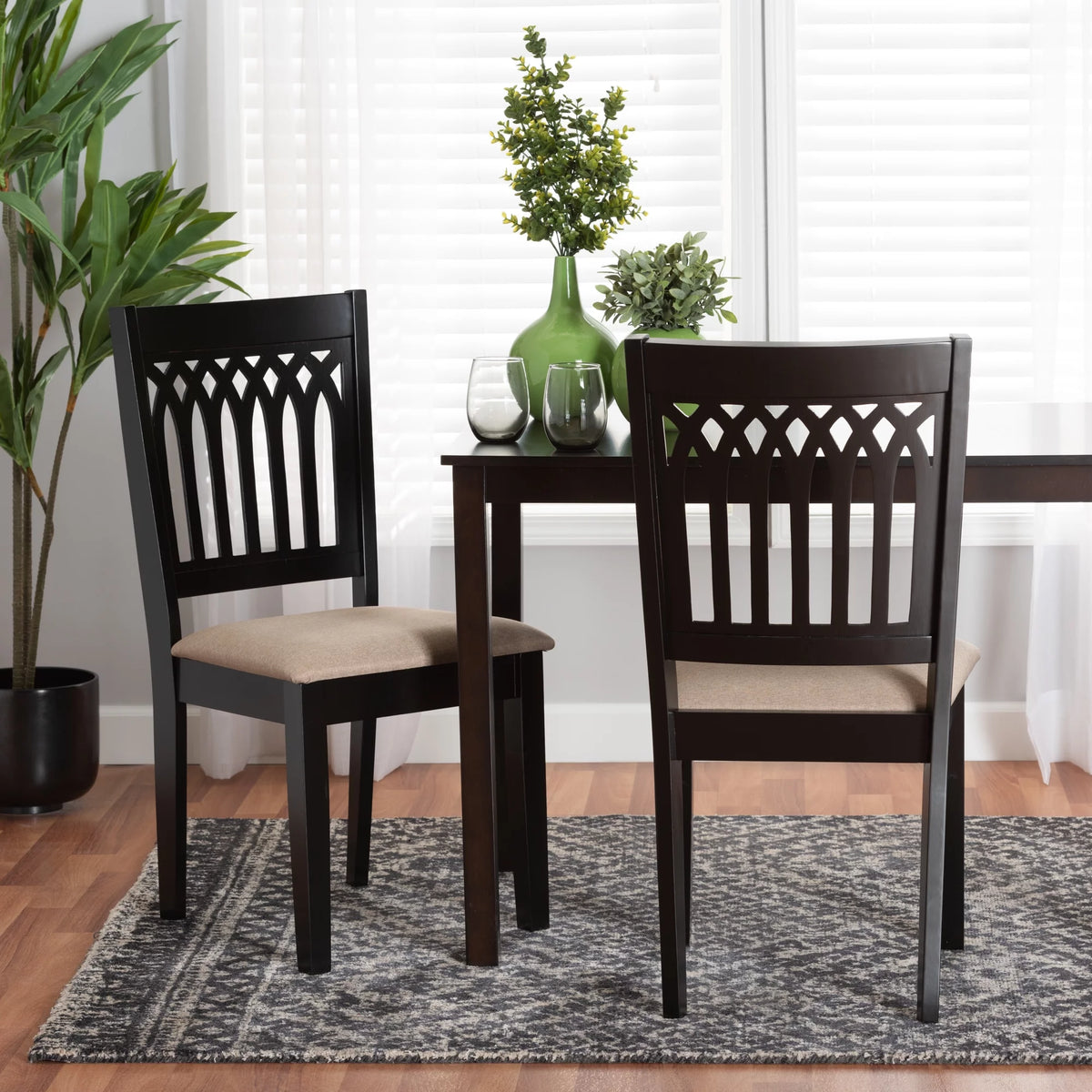 Beige Fabric Dark Brown Wood 2-Piece Dining Chair Set Z6067