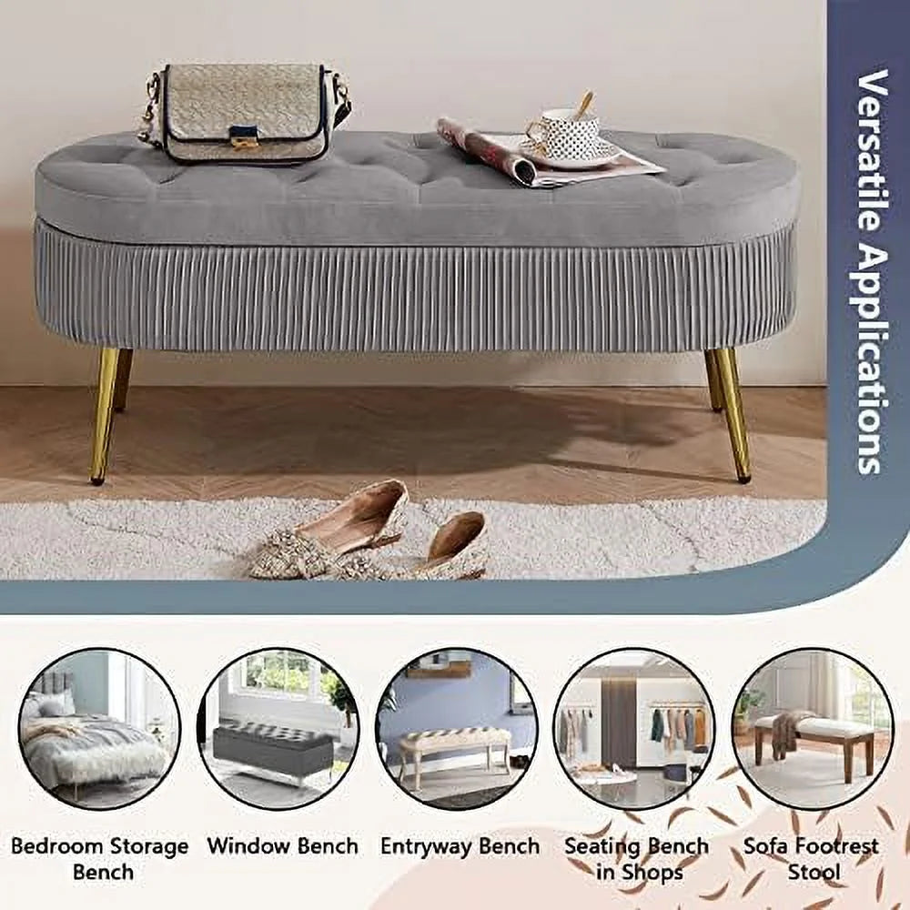 Faux Fur Ottoman Bench with Golden Metal Legs H396