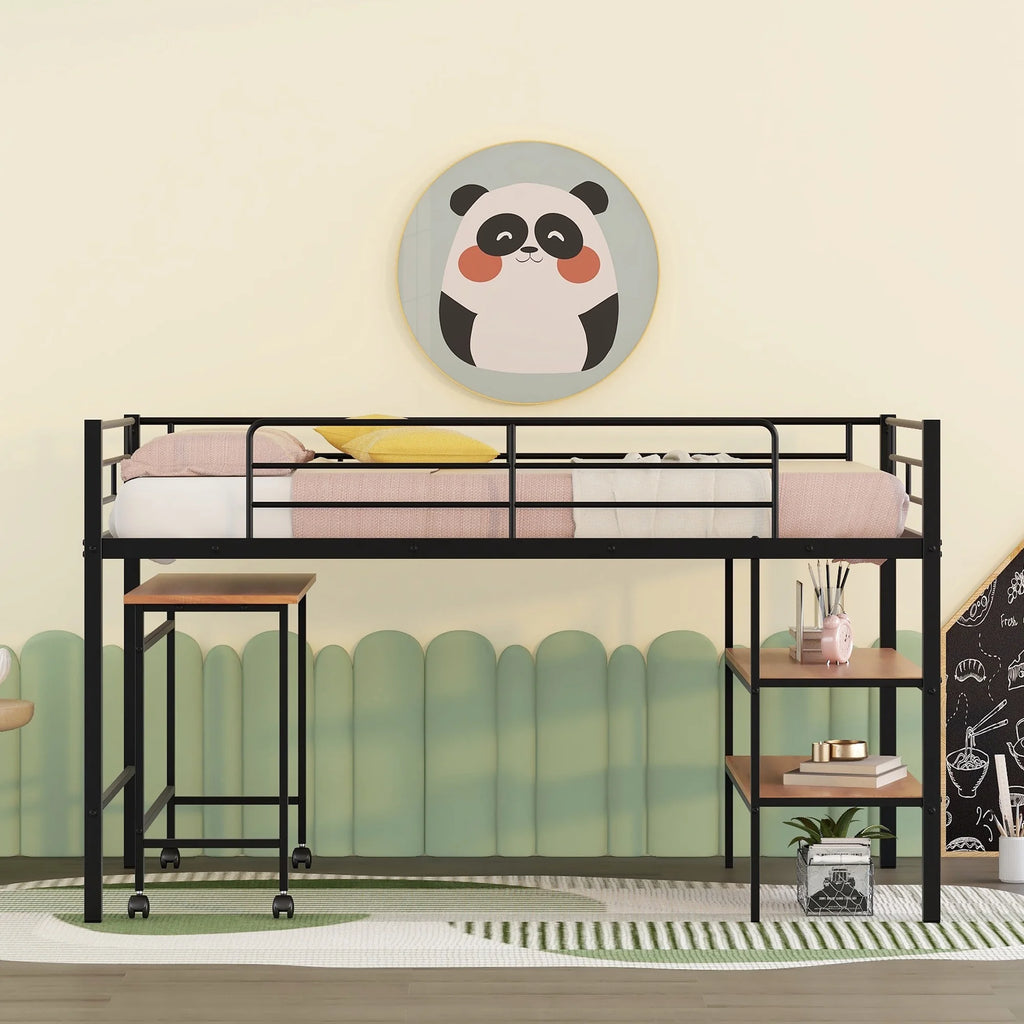Twin Size Black Metal Loft Bed with Desk and Shelving H765