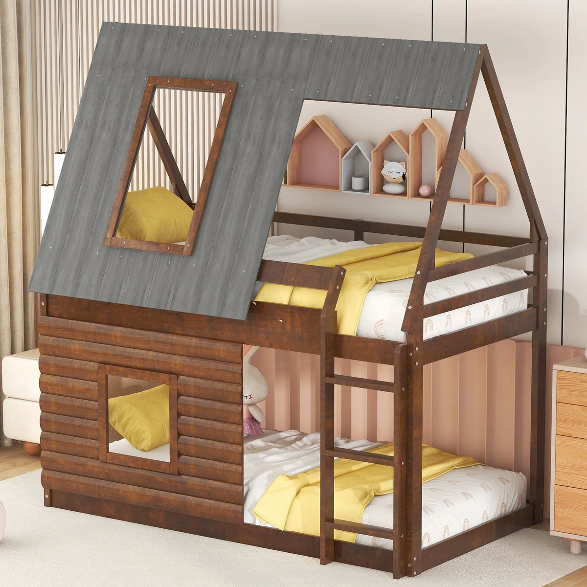 Twin-Size House Bunk Bed with Roof, Ladder, and Windows U19689