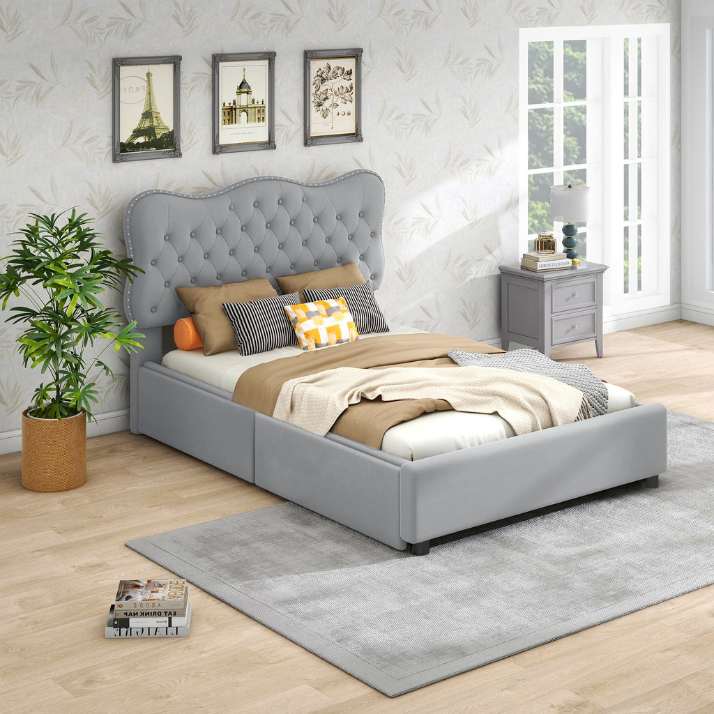 White Upholstered Queen Bed with 4 Drawers M892642