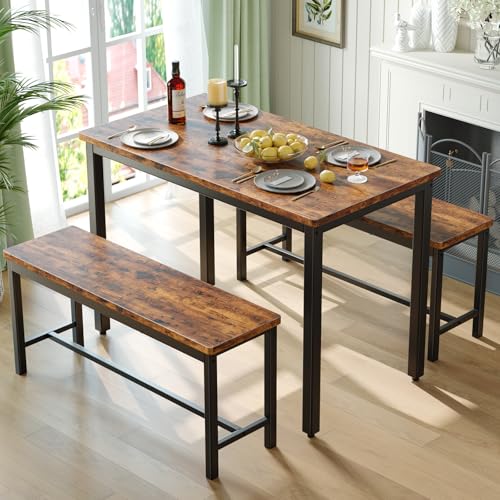 Grey 3-Piece Dining Table Set with 2 Benches E82755