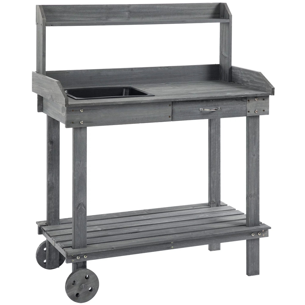 36" x 18" x 47" Wood Potting Bench Work Table with 2 Wheels, Grey M6906