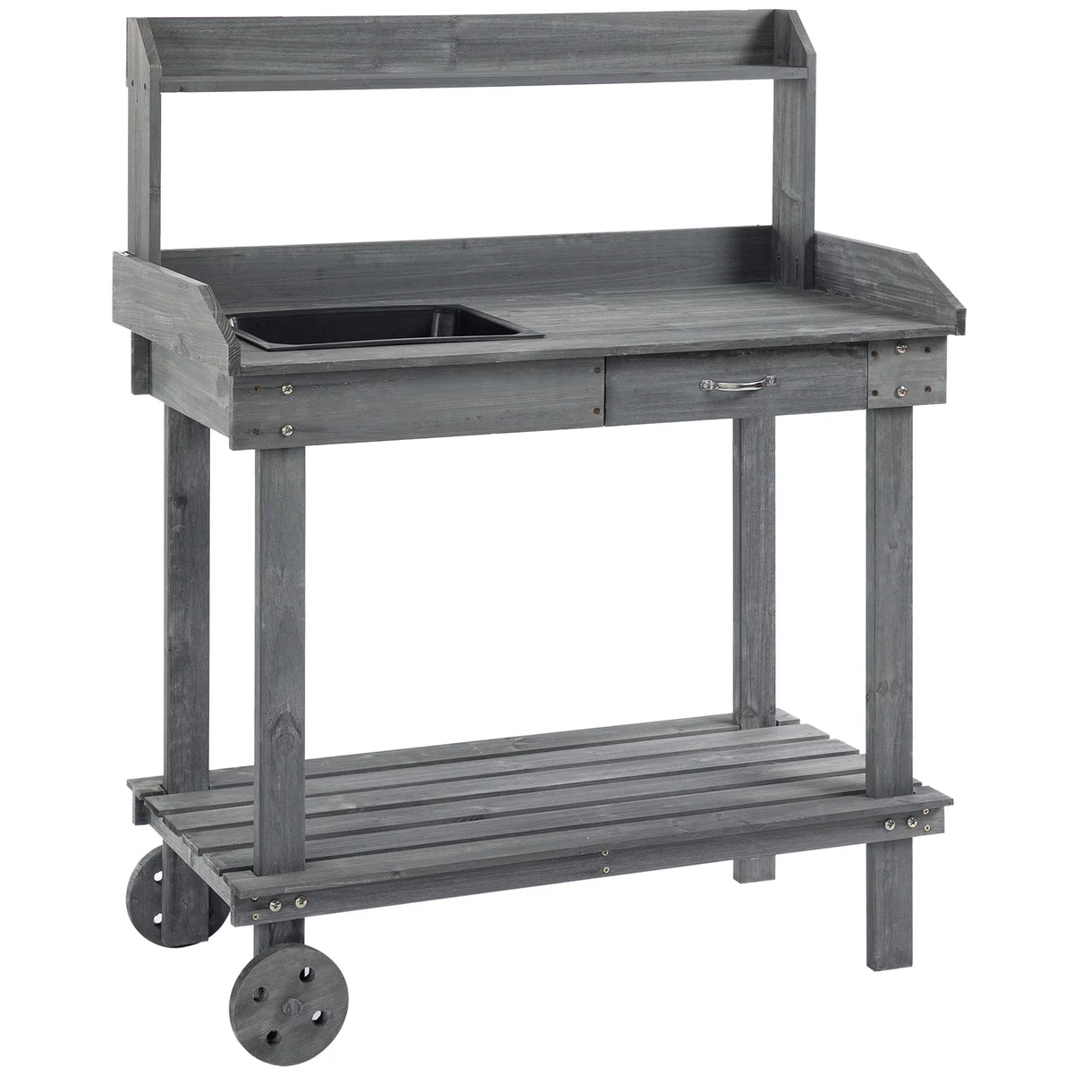 36" x 18" x 47" Wood Potting Bench Work Table with 2 Wheels, Grey M6906