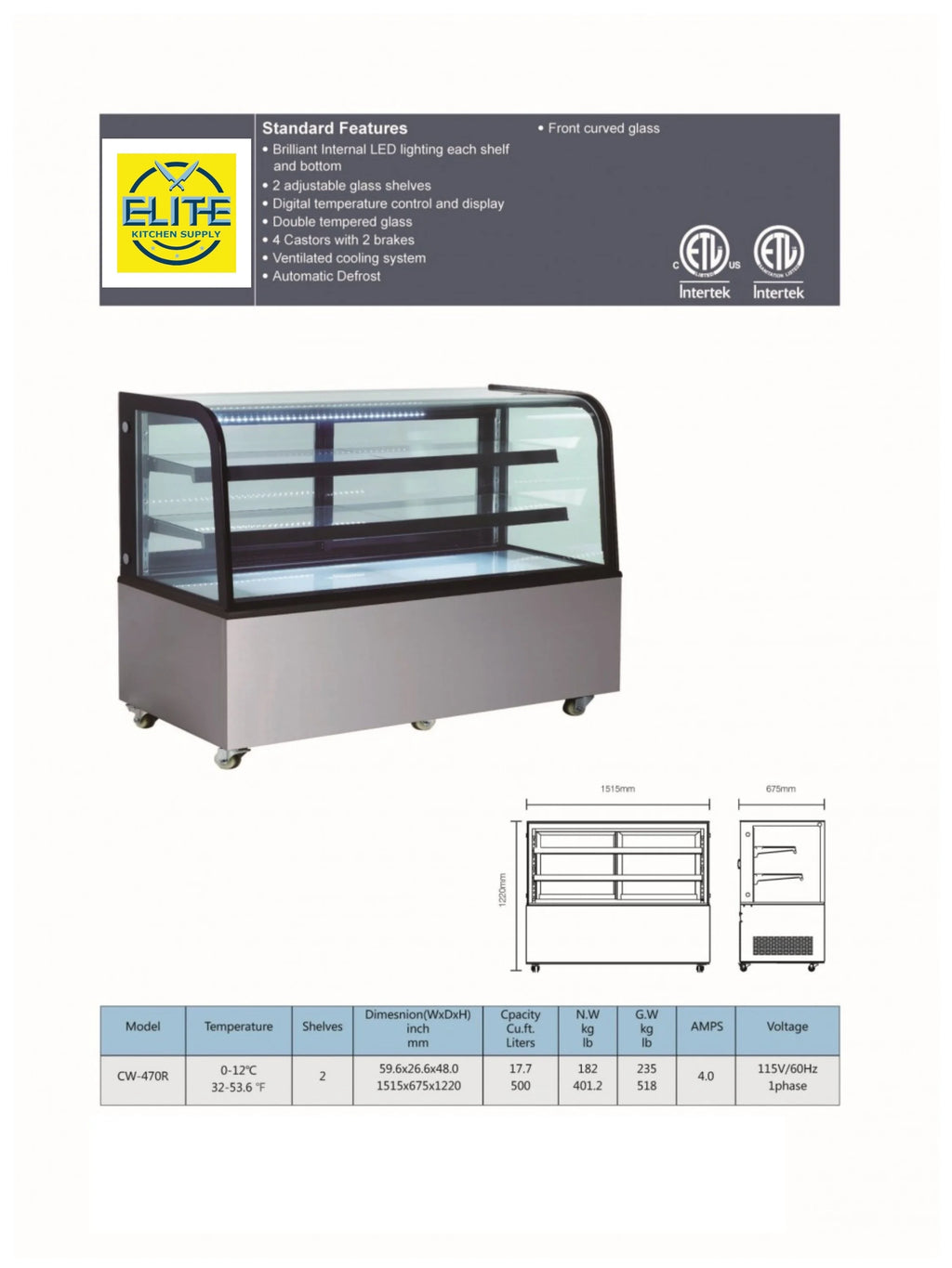 60 in. Double Tempered Glass Bakery Refrigerator Case 17.7 Cu. ft. I867