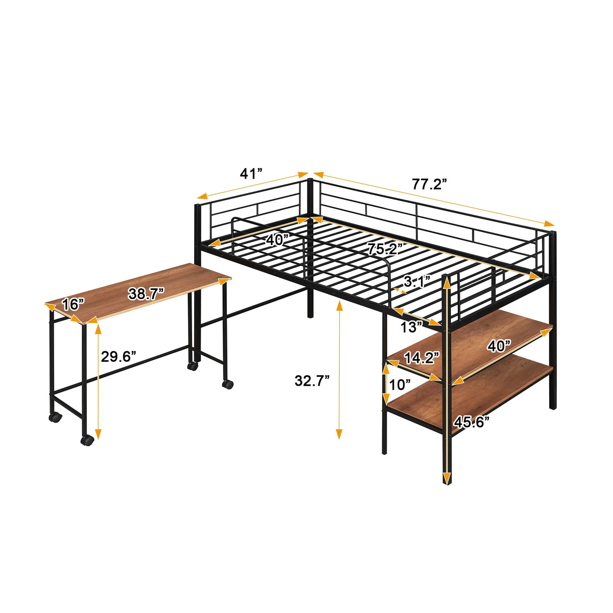 Twin Size Black Metal Loft Bed with Desk and Shelving H765