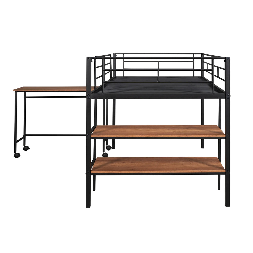 Twin Size Black Metal Loft Bed with Desk and Shelving H765