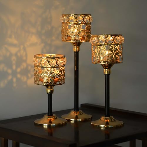 Set of 12 Gold & Black Crystal & Metal Tealight Candelabras M608595