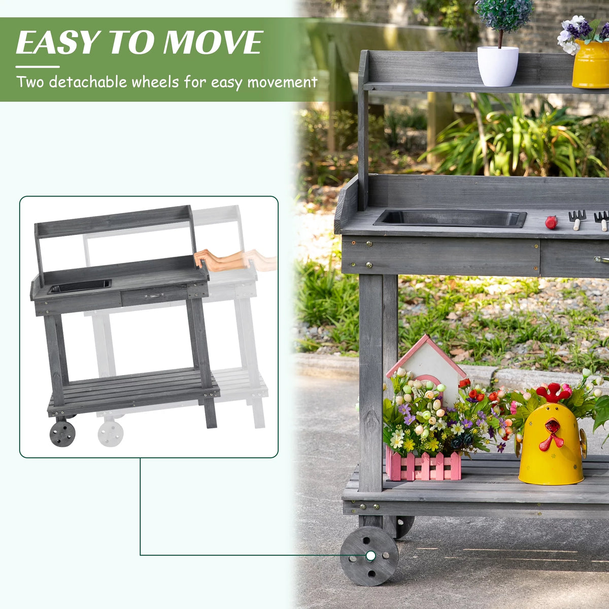 36" x 18" x 47" Wood Potting Bench Work Table with 2 Wheels, Grey M6906