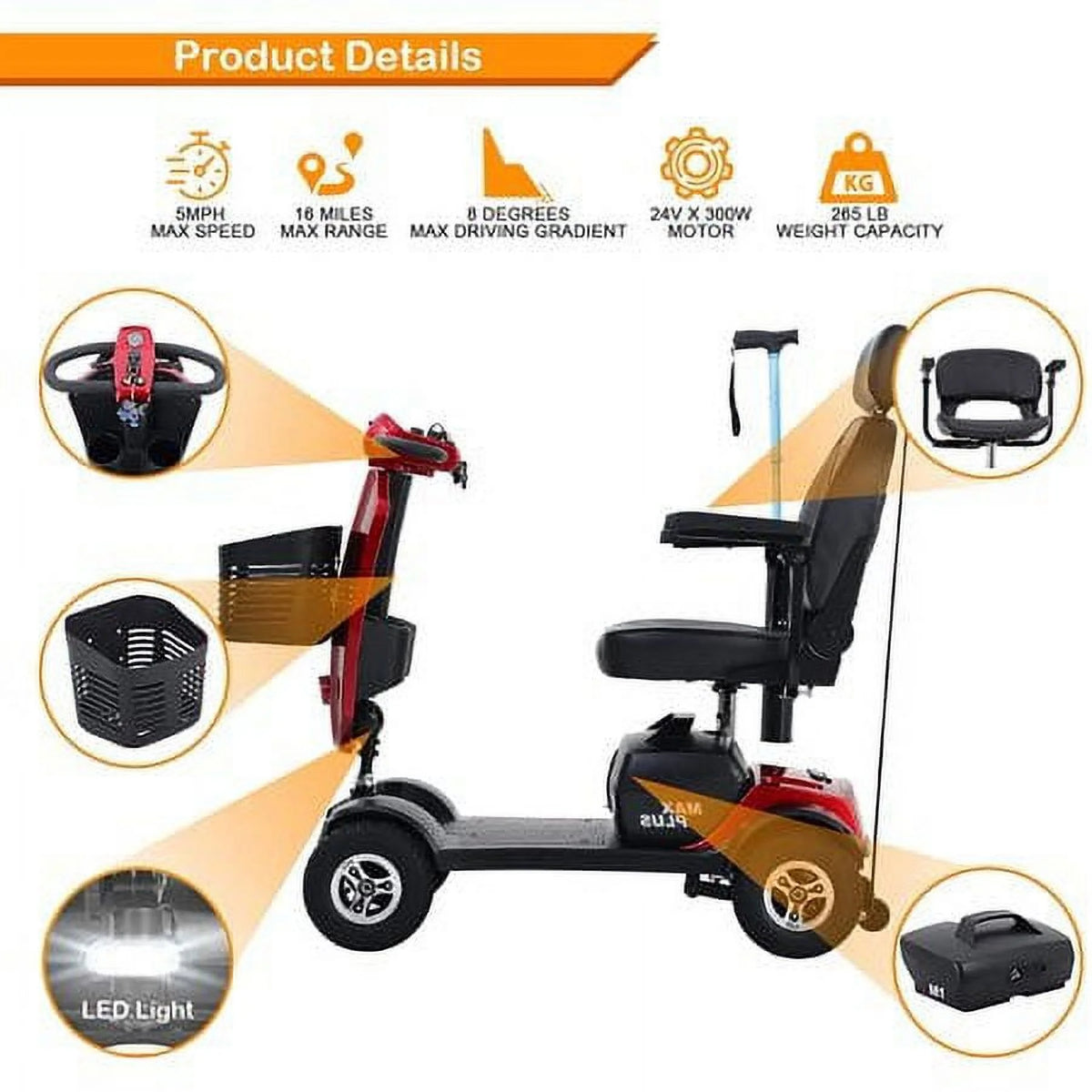 4 Wheels Mobility Scooter with LED Lights and USB Port O62288