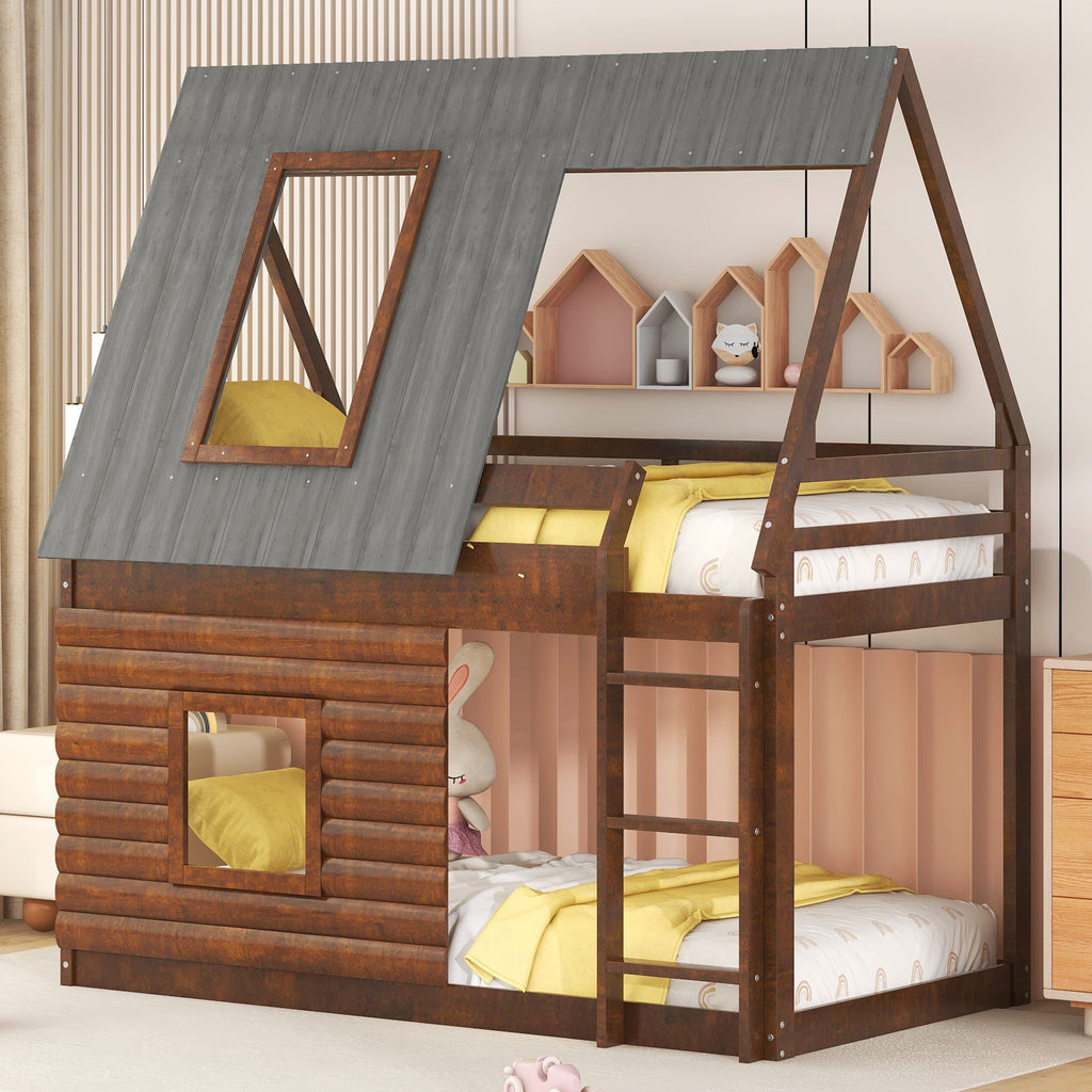 Twin-Size House Bunk Bed with Roof, Ladder, and Windows U19689