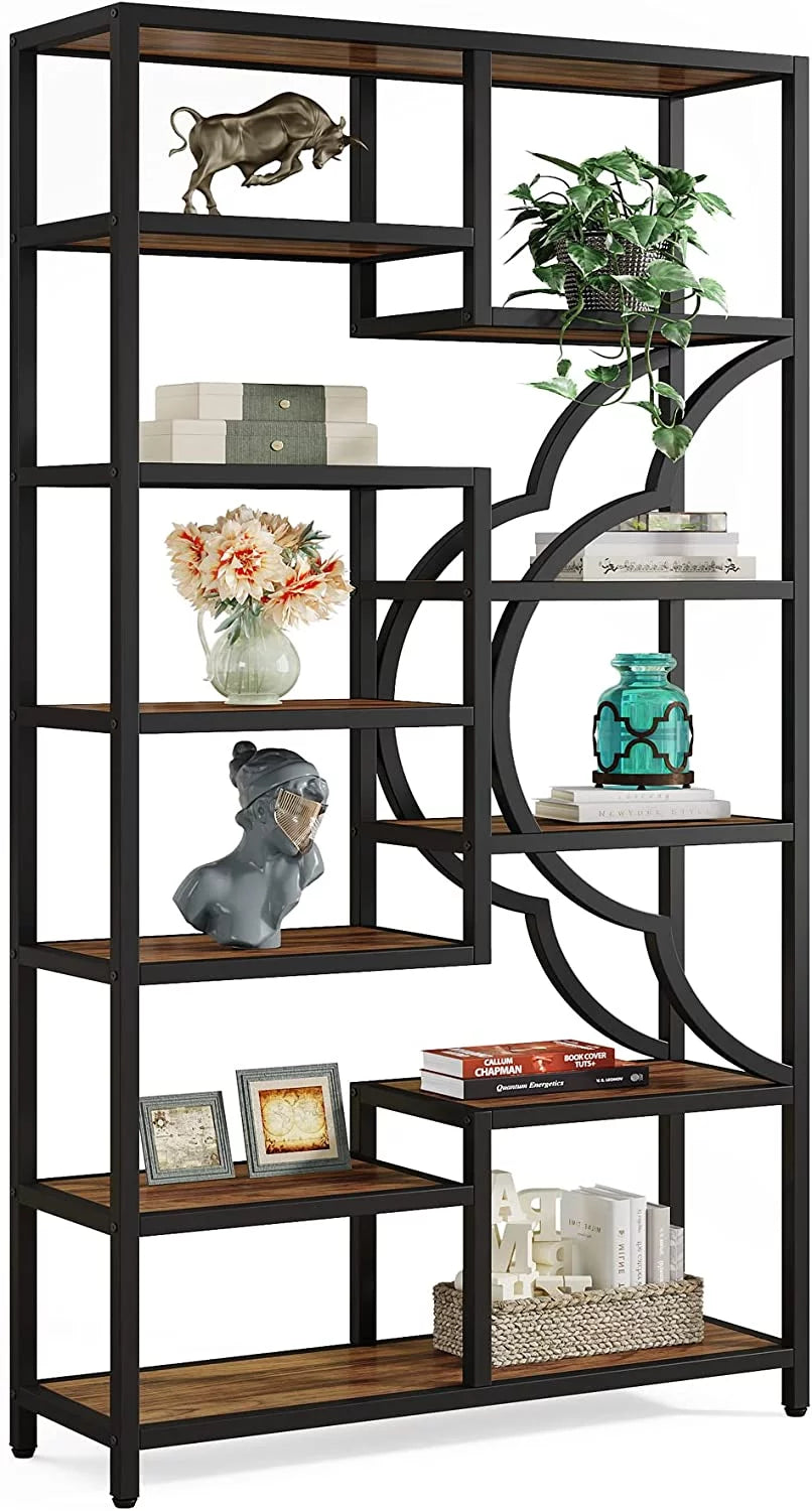 75 Inch Tall 11-Shelves Staggered Brown Bookshelf X272