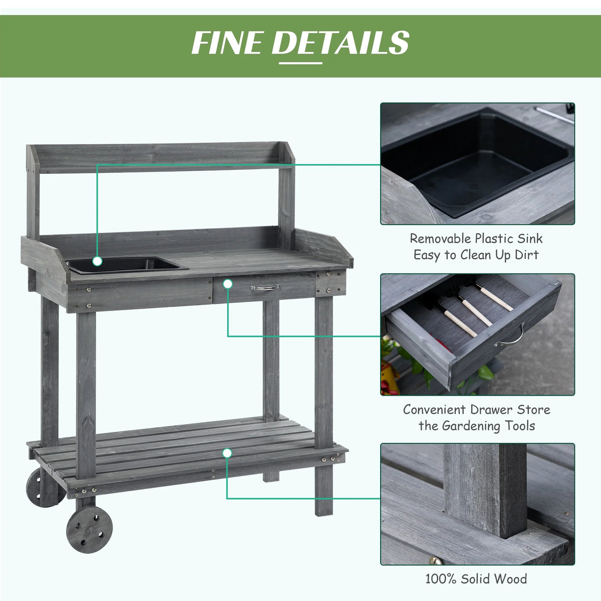 36" x 18" x 47" Wood Potting Bench Work Table with 2 Wheels, Grey M6906