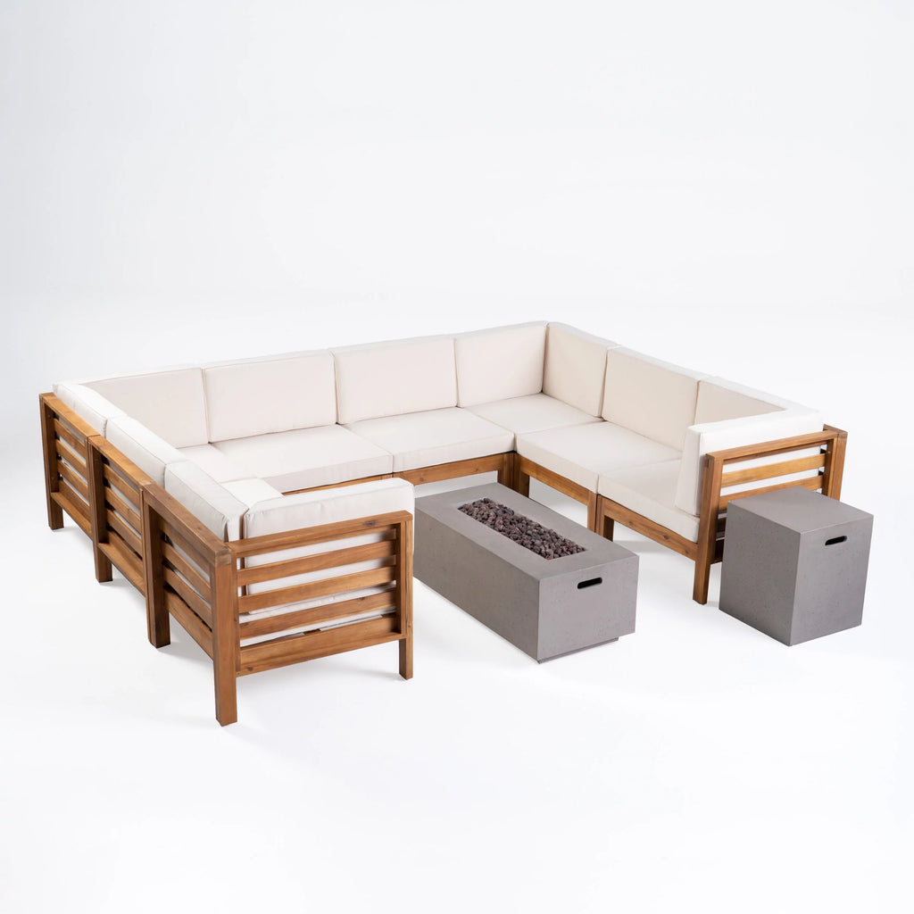 Acacia Wood 8 Seater Sectional Sofa Set with Fire Pit W6055