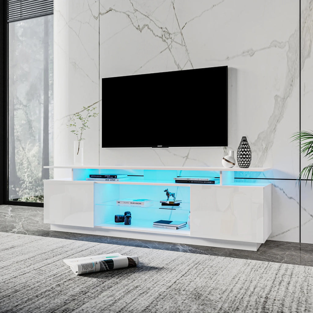 White High Gloss TV Stand with LED Light and Storage Cabinets D38876